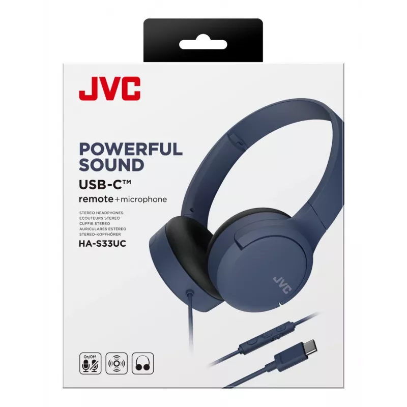 Przewodowe słuchawki binauralne JVC HA-S33UCAU, pałąk nagłowny, USB-C, 2 przetworniki 2,97 cm, 20–20000 Hz, kabel 1,2 m, niebieskie