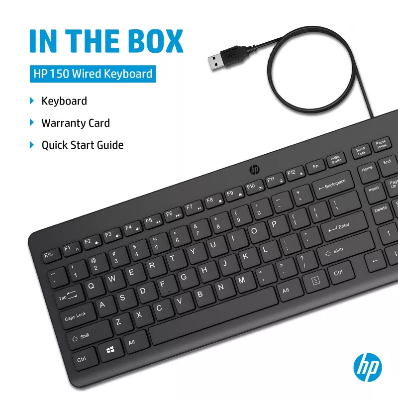HP 150 Wired klawiatura, Pełnowymiarowa (100%), Przewodowa, USB, Mechaniczna, QWERTY, Czarna