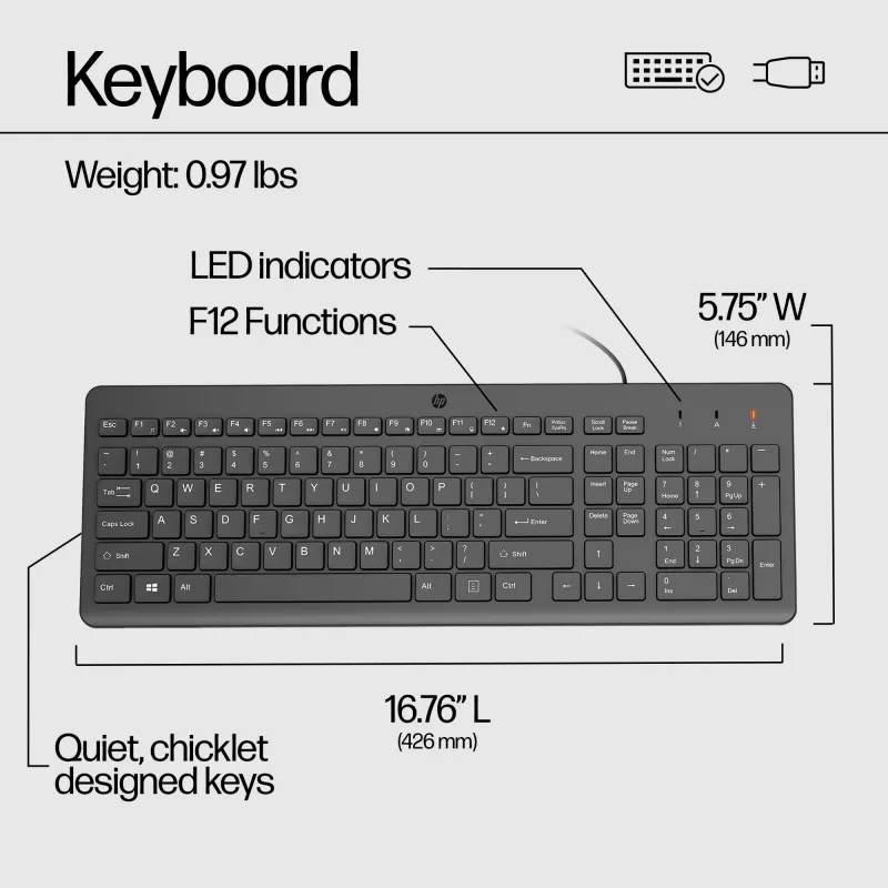 HP 150 Wired klawiatura, Pełnowymiarowa (100%), Przewodowa, USB, Mechaniczna, QWERTY, Czarna