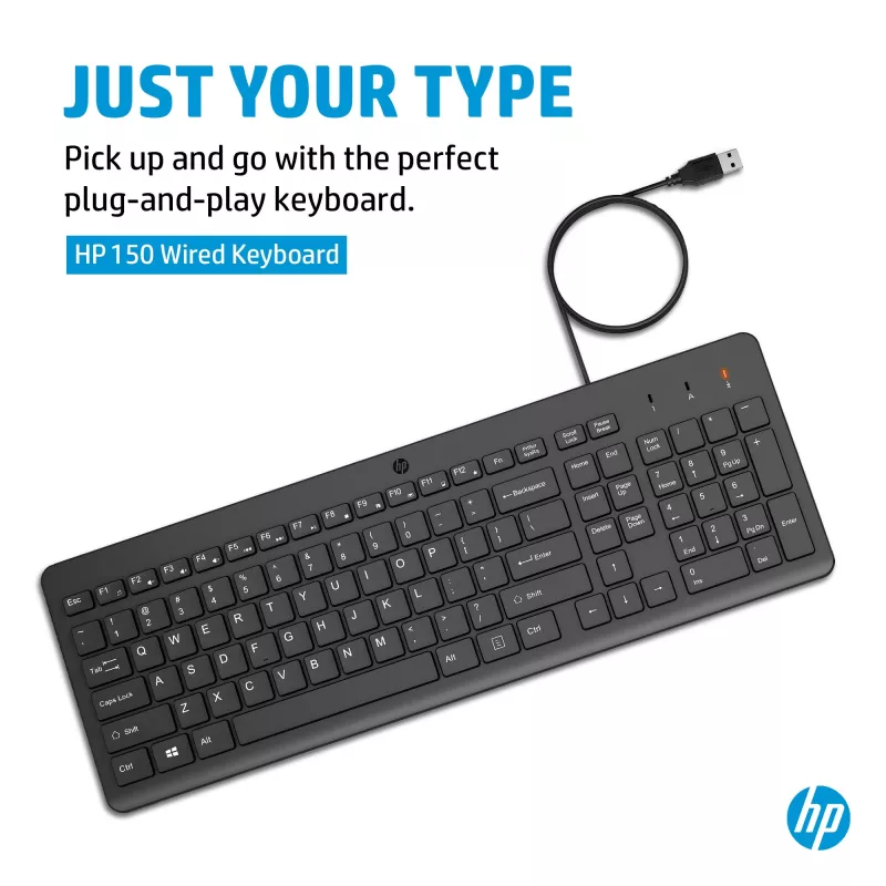 HP 150 Wired klawiatura, Pełnowymiarowa (100%), Przewodowa, USB, Mechaniczna, QWERTY, Czarna