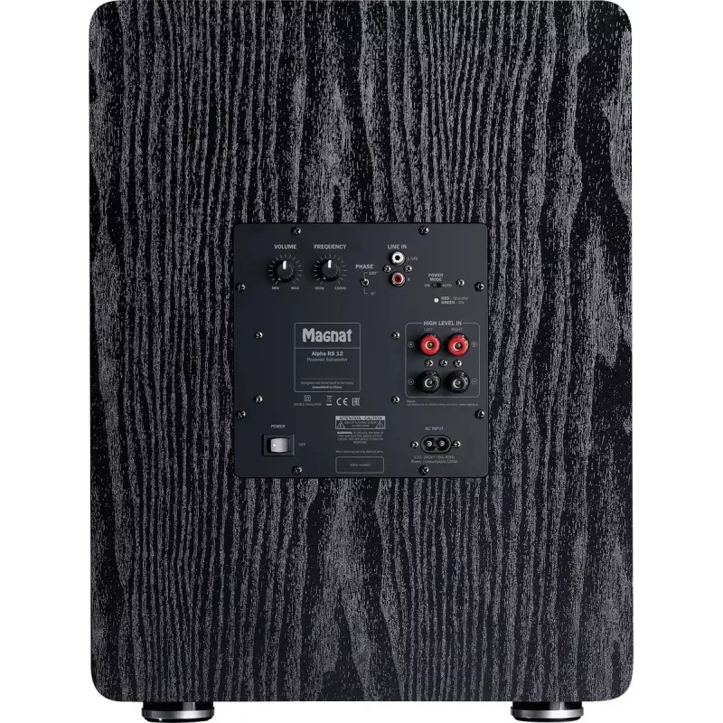 Aktywny subwoofer Magnat Alpha RS12 — przetwornik 12 cali, 120 W RMS, 20–200 Hz, klasa D, czarny