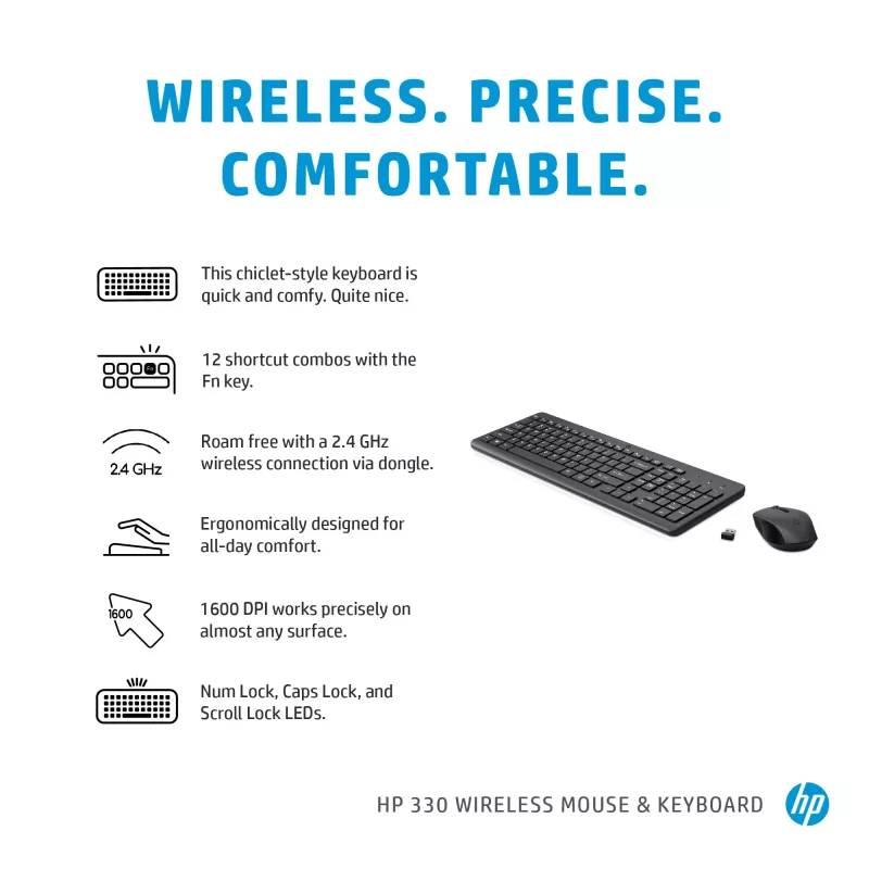 HP 330 Wireless mysz and klawiatura Combination, pełnowymiarowa (100%), bezprzewodowa, RF Wireless, QWERTY, czarna, mysz w zestawie