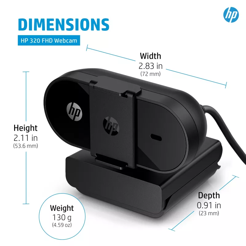 Kamera internetowa HP 320 FHD, 1920 x 1080 pikseli, Full HD, 30 kl./s, Domowa, USB, czarna