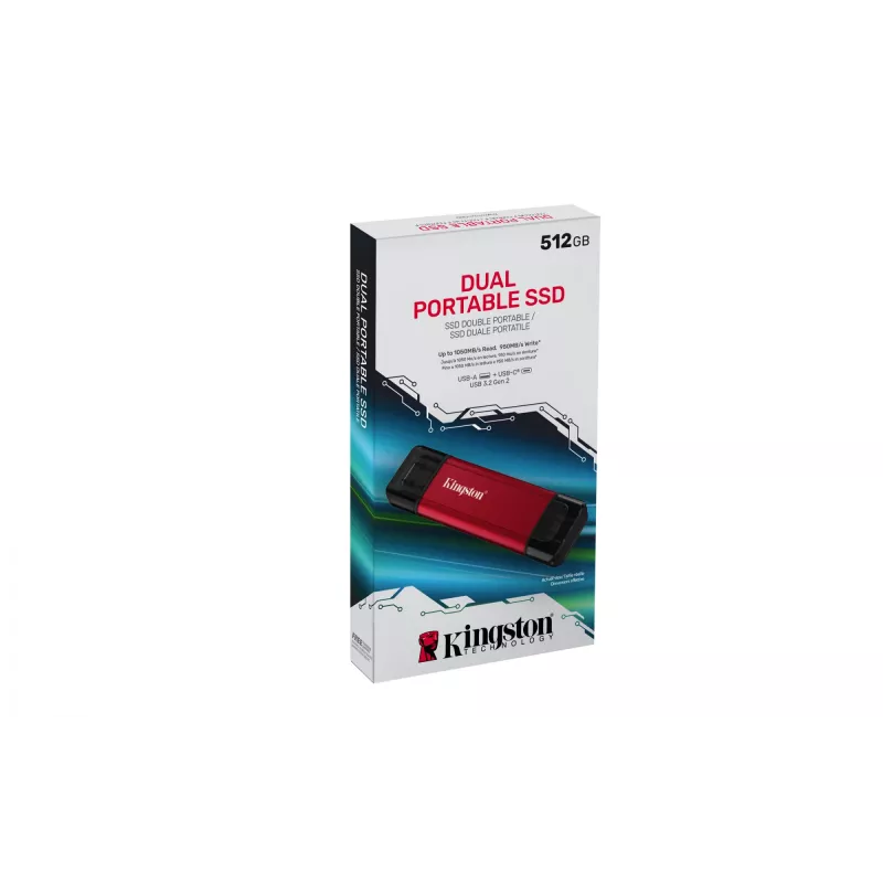 Zewnętrzny dysk SSD Kingston 512 GB Dual USB-A/USB-C przenośny, USB 3.2 Gen 2, odczyt 1050 MB/s, zapis 950 MB/s, czarny/czerwony