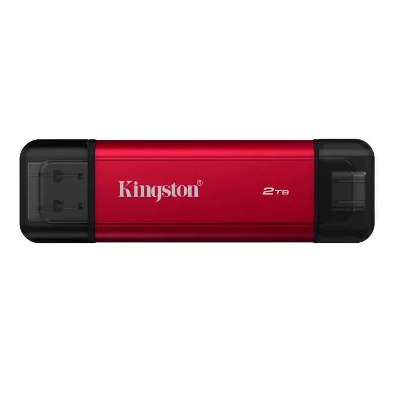 Zewnętrzny dysk SSD Kingston 2 TB ze złączem Dual USB-A/USB-C, USB 3.2 Gen 2, odczyt 1050 MB/s, zapis 950 MB/s, czarno-czerwony