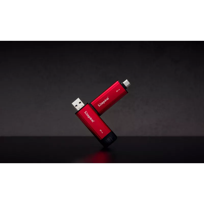 Zewnętrzny dysk SSD Kingston 2 TB ze złączem Dual USB-A/USB-C, USB 3.2 Gen 2, odczyt 1050 MB/s, zapis 950 MB/s, czarno-czerwony