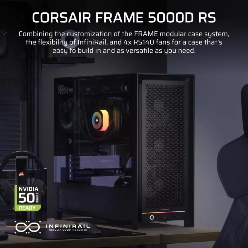 Obudowa PC Midi Tower CORSAIR FRAME 5000D RS — Czarna, obsługa ATX/EATX, 3 wentylatory 140 mm z przodu, szkło hartowane, 250×556×542 mm