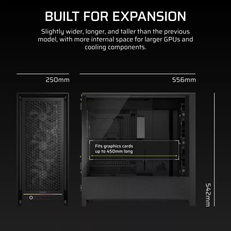 Obudowa PC Midi Tower CORSAIR FRAME 5000D RS — Czarna, obsługa ATX/EATX, 3 wentylatory 140 mm z przodu, szkło hartowane, 250×556×542 mm