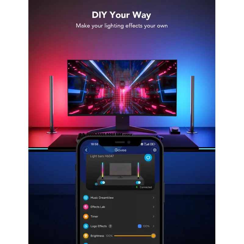 Zestaw inteligentnego oświetlenia Govee H6047, Wi‑Fi/Bluetooth, 12V 24W, czarny, 5 szt.
