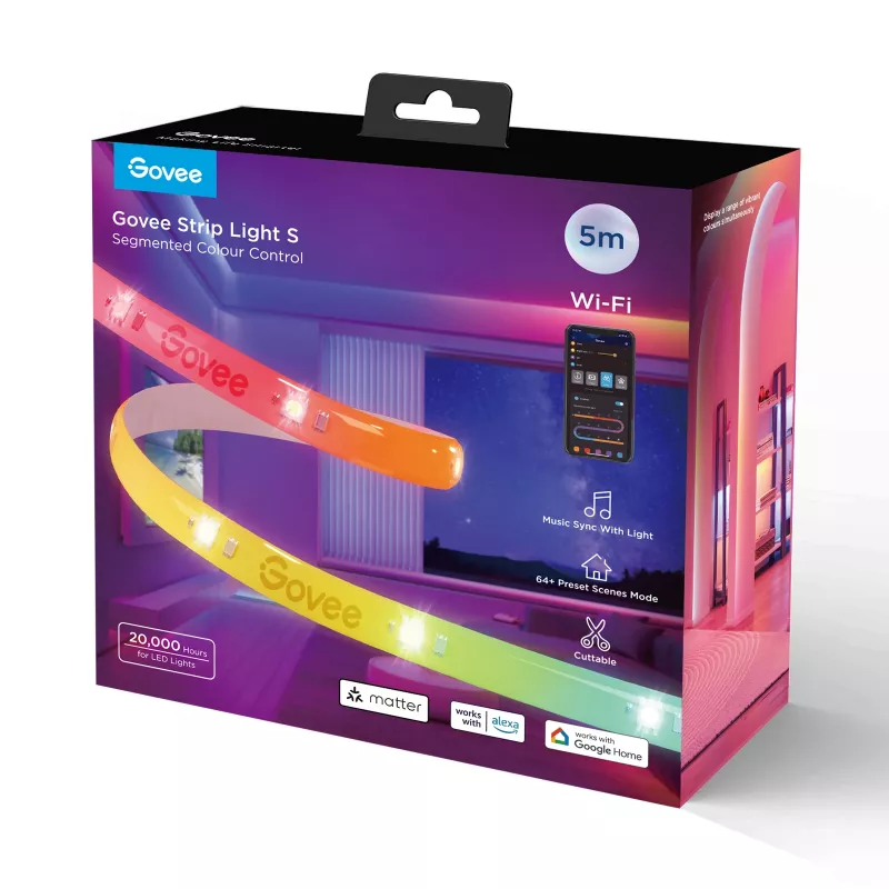 Inteligentny pasek LED Govee Strip Light S 5m — Wi‑Fi/Bluetooth, RGBIC, 5 000 mm, biały