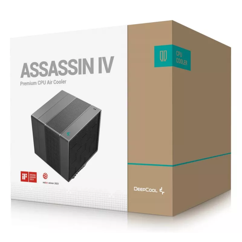 Chłodzenie powietrzne DeepCool ASSASSIN IV 14 cm Czarne — maks. ciśnienie powietrza 2,44 mmH2O, wentylator FDB 14 cm, 1700 RPM, 79,1 cfm, 7 rurek cieplnych