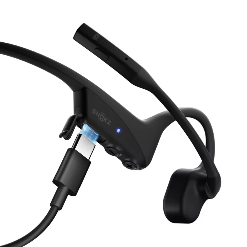 Zestaw słuchawkowy Shokz OpenComm2 UC 2025 — bezprzewodowy zestaw słuchawkowy z przewodnictwem kostnym i zaczepem na ucho, 16 godz. czasu rozmów, USB typu A/typu C, ANC, zasięg 29 m, czarny
