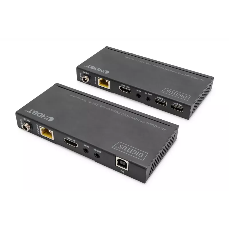 Zestaw przedłużacza KVM DIGITUS HDBaseT. 150m 4K/60Hz. USB 2.0. PoC. IR. czarny
