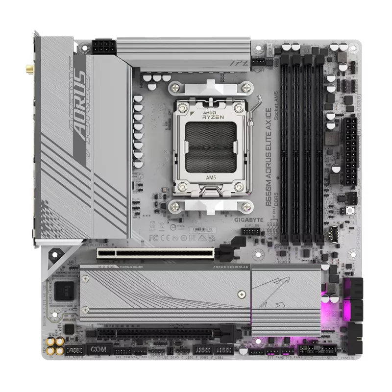 Płyta główna GIGABYTE B650M AORUS ELITE AX ICE - AMD Ryzen 9000 Series, 12+2+2 faz VRM, do 8000MHz DDR5 (OC), 1xPCIe 5.0 + 1xPCIe 4.0 M.2, 2.5GbE LAN, WIFI 6E, USB 3.2 Gen 2x2