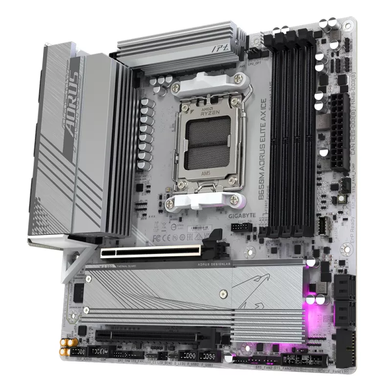 Płyta główna GIGABYTE B650M AORUS ELITE AX ICE - AMD Ryzen 9000 Series, 12+2+2 faz VRM, do 8000MHz DDR5 (OC), 1xPCIe 5.0 + 1xPCIe 4.0 M.2, 2.5GbE LAN, WIFI 6E, USB 3.2 Gen 2x2