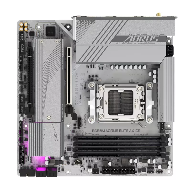 Płyta główna GIGABYTE B650M AORUS ELITE AX ICE - AMD Ryzen 9000 Series, 12+2+2 faz VRM, do 8000MHz DDR5 (OC), 1xPCIe 5.0 + 1xPCIe 4.0 M.2, 2.5GbE LAN, WIFI 6E, USB 3.2 Gen 2x2