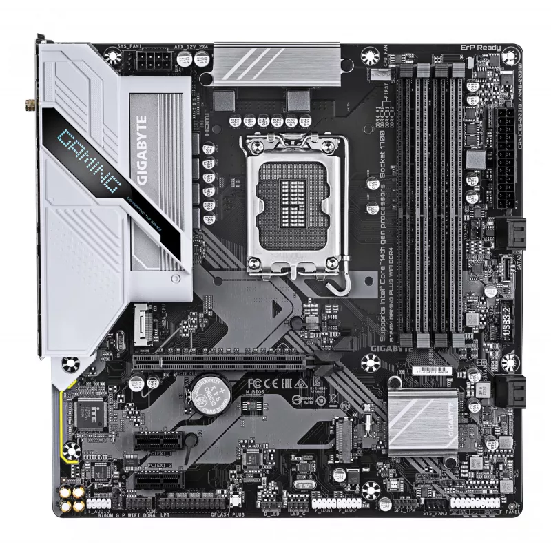 Płyta główna GIGABYTE B760M GAMING PLUS WIFI DDR4 - obsługuje procesory Intel Core 14. generacji, 4+1+1 faz VRM, do 5333 MHz DDR4 (OC), 2x PCIe 4.0 M.2, Wi-Fi 6, 1 GbE LAN, USB 3.2 Gen 1