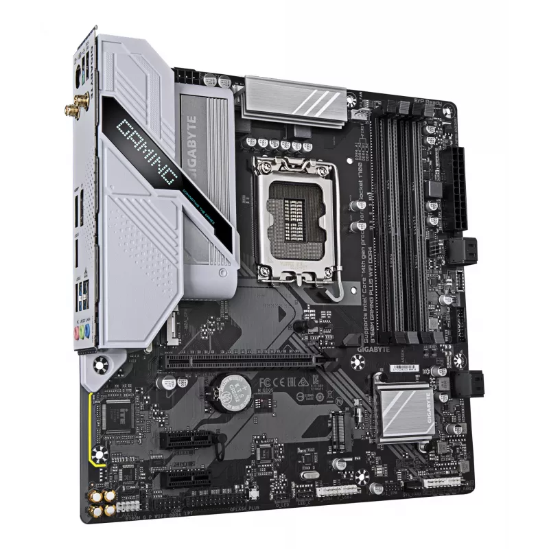 Płyta główna GIGABYTE B760M GAMING PLUS WIFI DDR4 - obsługuje procesory Intel Core 14. generacji, 4+1+1 faz VRM, do 5333 MHz DDR4 (OC), 2x PCIe 4.0 M.2, Wi-Fi 6, 1 GbE LAN, USB 3.2 Gen 1