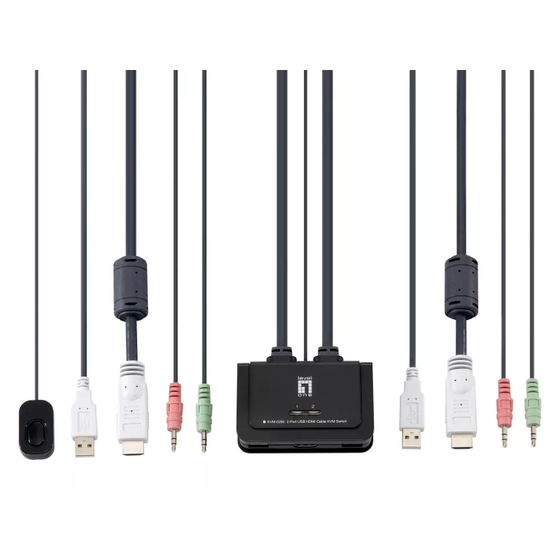 LevelOne 2-portowy przełącznik KVM z kablem USB HDMI, 1920 x 1200 pikseli, czarny, szary
