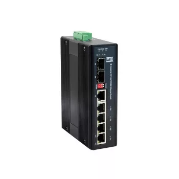 LevelOne 6-portowy gigabitowy przełącznik przemysłowy, 1 x SFP, 1 x SFP/RJ45 Combo, -40°C do 75°C, montaż na szynie DIN