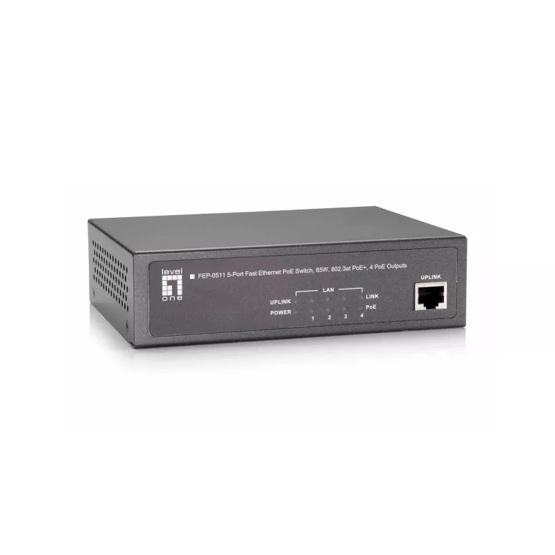 LevelOne 5-Portowy Przełącznik Fast Ethernet PoE, 802.3at/af PoE, 4 Wyjścia PoE, 65W