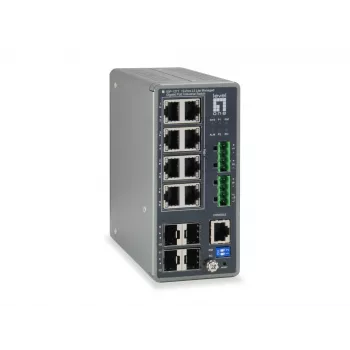 LevelOne TURING 12-portowy zarządzalny przełącznik przemysłowy Gigabit L3 Lite, 8 wyjść PoE, 240 W, PoE 802.3at/af, 4 x SFP, -40°C do 75°C