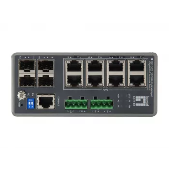 LevelOne TURING 12-portowy zarządzalny przełącznik przemysłowy Gigabit L3 Lite, 8 wyjść PoE, 240 W, PoE 802.3at/af, 4 x SFP, -40°C do 75°C