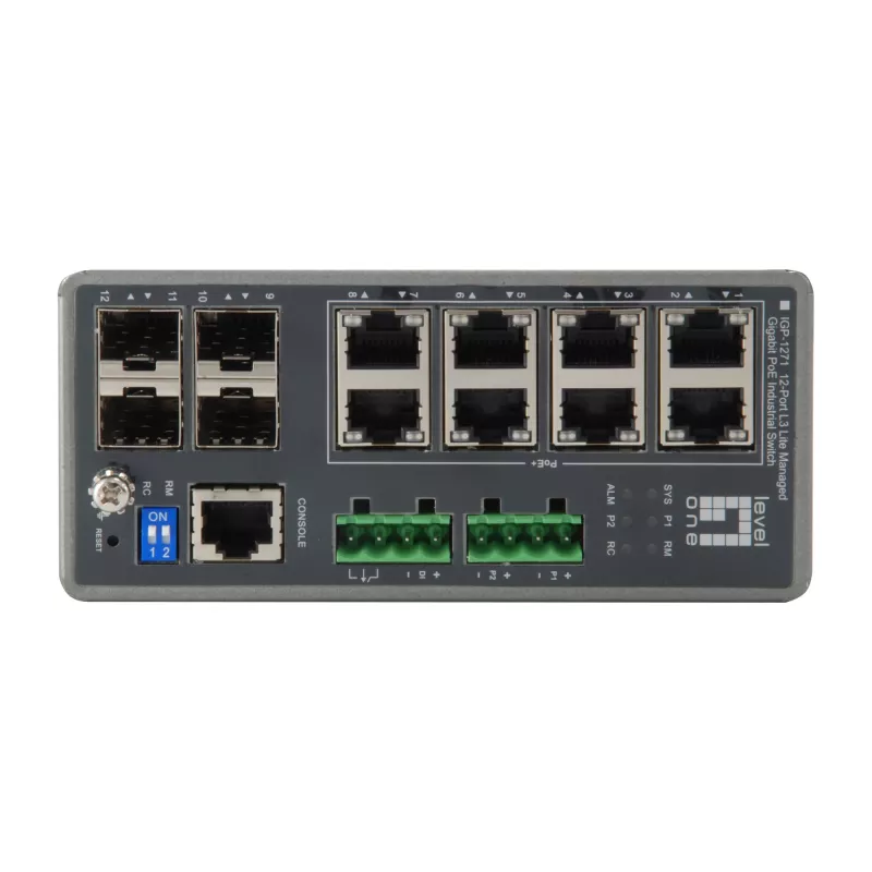 LevelOne TURING 12-portowy zarządzalny przełącznik przemysłowy Gigabit L3 Lite, 8 wyjść PoE, 240 W, PoE 802.3at/af, 4 x SFP, -40°C do 75°C