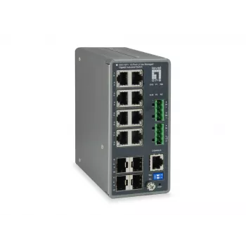 LevelOne TURING 12-portowy zarządzalny przełącznik przemysłowy L3 Lite Gigabit, 4 x SFP, montaż na szynę DIN, -40°C do 75°C