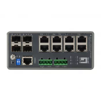 LevelOne TURING 12-portowy zarządzalny przełącznik przemysłowy L3 Lite Gigabit, 4 x SFP, montaż na szynę DIN, -40°C do 75°C