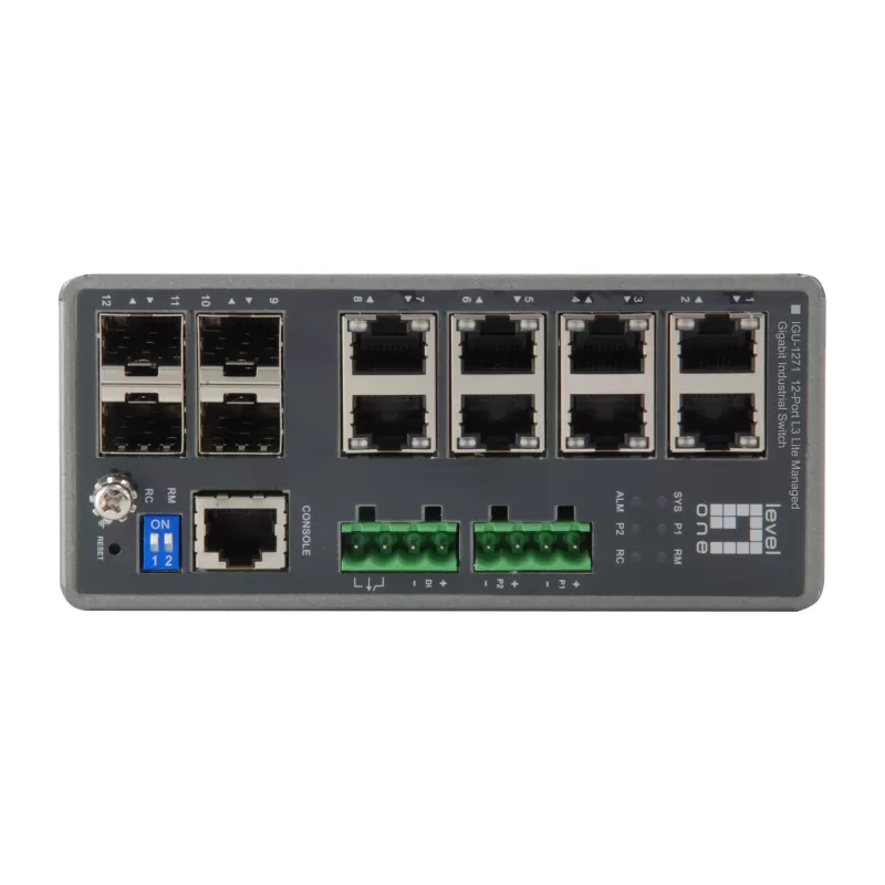 LevelOne TURING 12-portowy zarządzalny przełącznik przemysłowy L3 Lite Gigabit, 4 x SFP, montaż na szynę DIN, -40°C do 75°C