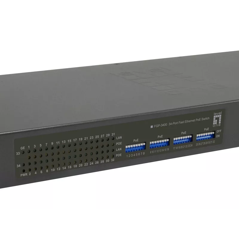 LevelOne 34-portowy przełącznik Fast Ethernet PoE, 802.3at/af PoE, 32 wyjścia PoE, 2 x Gigabit RJ45, 630 W