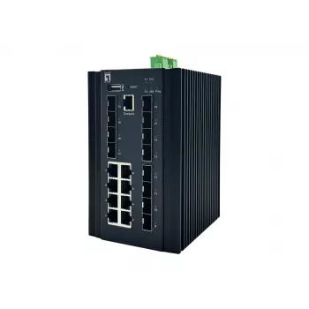 LevelOne 20-Portowy zarządzany przełącznik przemysłowy L2+, 8 x 1GbE RJ45, 8 x 1GbE SFP, 4 x 1/2.5GbE SFP, DIN-Rail, -40°C do 80°C