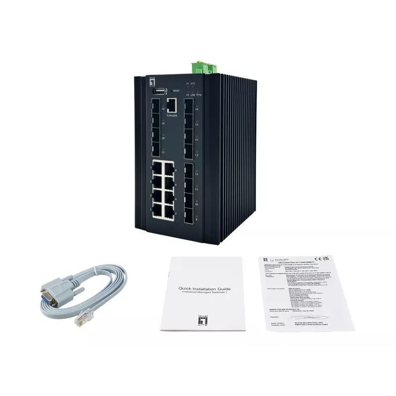 LevelOne 20-Portowy zarządzany przełącznik przemysłowy L2+, 8 x 1GbE RJ45, 8 x 1GbE SFP, 4 x 1/2.5GbE SFP, DIN-Rail, -40°C do 80°C