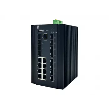LevelOne 20-portowy zarządzany przełącznik przemysłowy L2 Plus, 8 x 1GbE RJ45, 8 x 1GbE SFP, 4 x 1/2,5/10GbE SFP+, montaż na szynie DIN, -40°C do 80°C