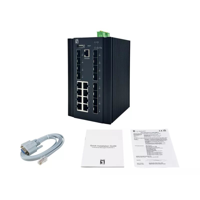 LevelOne 20-portowy zarządzany przełącznik przemysłowy L2 Plus, 8 x 1GbE RJ45, 8 x 1GbE SFP, 4 x 1/2,5/10GbE SFP+, montaż na szynie DIN, -40°C do 80°C