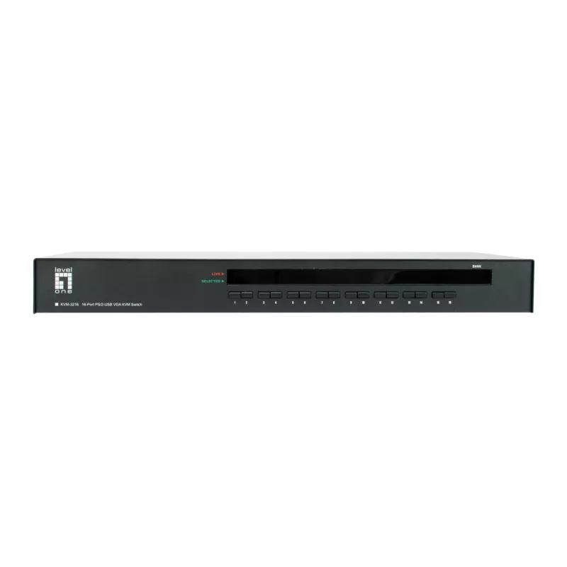 LevelOne 16-Port PS/2-USB VGA KVM Switch, 2048 x 1536 pikseli, montaż w szafie rack, 1U, czarny
