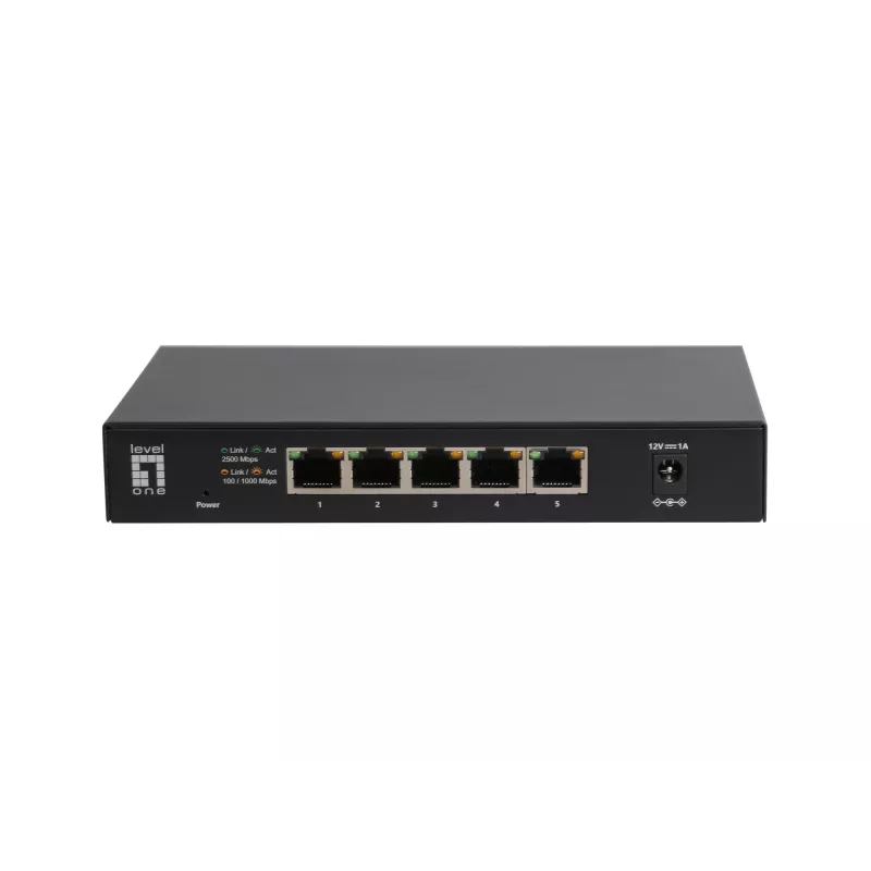 5-portowy niezarządzalny przełącznik Ethernet 2.5G LEVELONE GEU-0525 — 5× 2.5G RJ-45, niezarządzalny, przepustowość 25 Gbit/s, możliwość montażu na ścianie