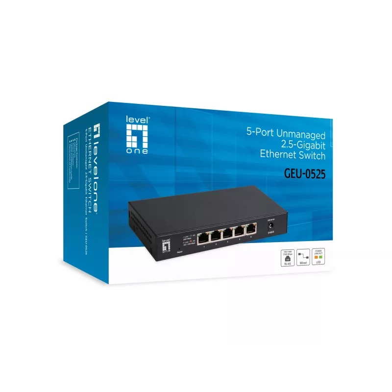 5-portowy niezarządzalny przełącznik Ethernet 2.5G LEVELONE GEU-0525 — 5× 2.5G RJ-45, niezarządzalny, przepustowość 25 Gbit/s, możliwość montażu na ścianie