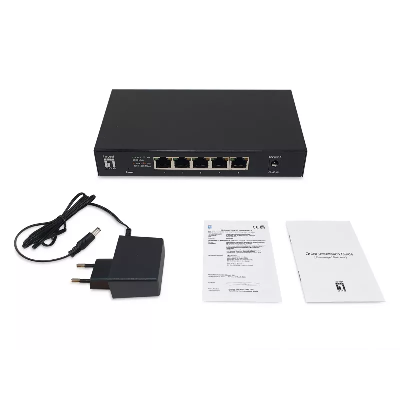 5-portowy niezarządzalny przełącznik Ethernet 2.5G LEVELONE GEU-0525 — 5× 2.5G RJ-45, niezarządzalny, przepustowość 25 Gbit/s, możliwość montażu na ścianie