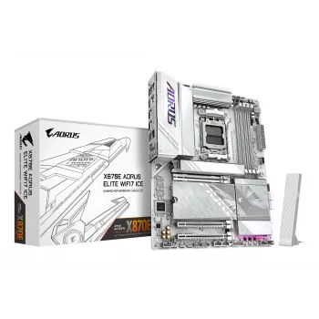 GIGABYTE X870E AORUS ELITE WIFI7 ICE Płyta Główna - Obsługuje procesory AMD Ryzen 9000, 16+2+2 fazy cyfrowego VRM, do 8200Hz DDR5 (OC), 3xPCIe 5.0 + 1xPCIe 4.0, Wi-Fi 7, 2.5GbE LAN, USB 4