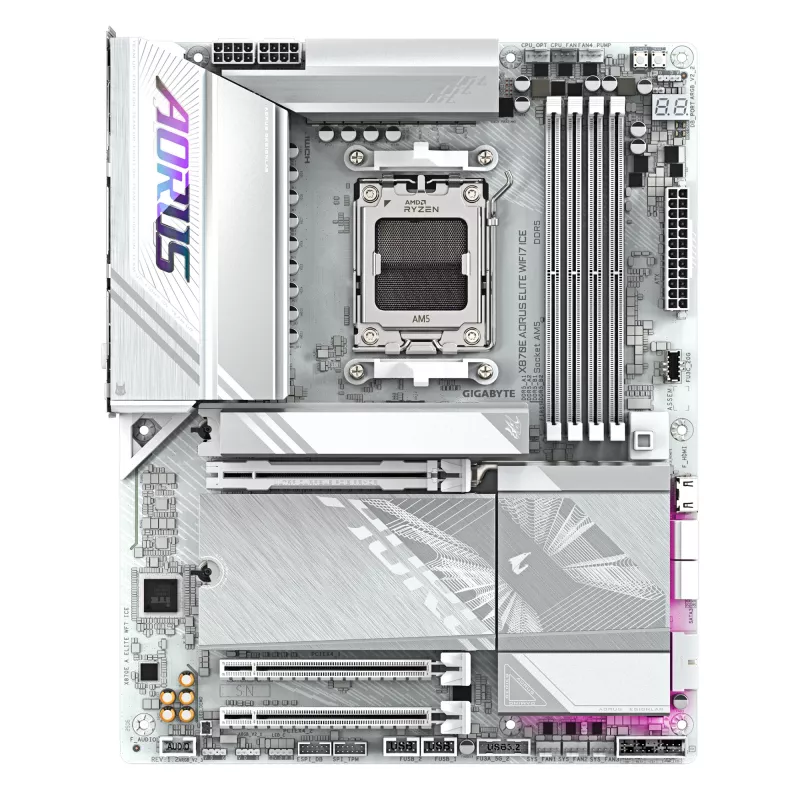 GIGABYTE X870E AORUS ELITE WIFI7 ICE Płyta Główna - Obsługuje procesory AMD Ryzen 9000, 16+2+2 fazy cyfrowego VRM, do 8200Hz DDR5 (OC), 3xPCIe 5.0 + 1xPCIe 4.0, Wi-Fi 7, 2.5GbE LAN, USB 4