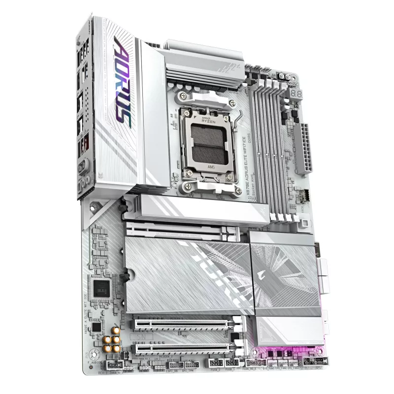 GIGABYTE X870E AORUS ELITE WIFI7 ICE Płyta Główna - Obsługuje procesory AMD Ryzen 9000, 16+2+2 fazy cyfrowego VRM, do 8200Hz DDR5 (OC), 3xPCIe 5.0 + 1xPCIe 4.0, Wi-Fi 7, 2.5GbE LAN, USB 4