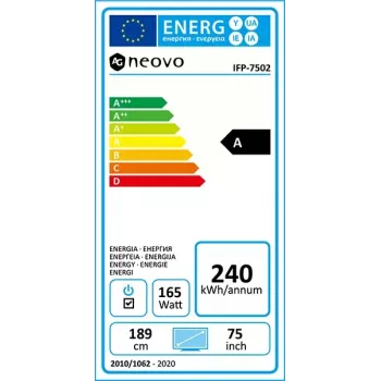 AG Neovo IFP-7502 Interaktywny płaski panel 189.2 cm (74.5 cala) LCD Wi-Fi 350 cd/m² 4K Ultra HD Czarny Ekran dotykowy Wbudowany procesor Android 8.0