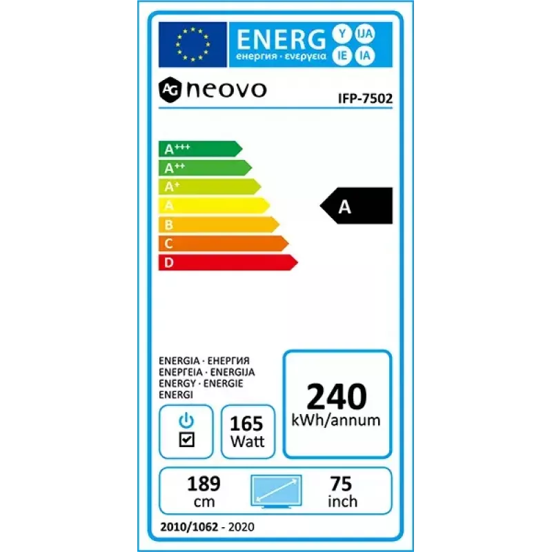 AG Neovo IFP-7502 Interaktywny płaski panel 189.2 cm (74.5 cala) LCD Wi-Fi 350 cd/m² 4K Ultra HD Czarny Ekran dotykowy Wbudowany procesor Android 8.0