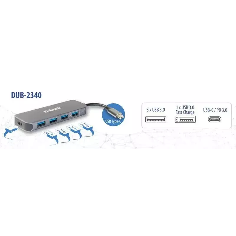 USB Hub D-Link DUB-2340 USB-C 4-Port USB 3.0 Power Delivery 60W