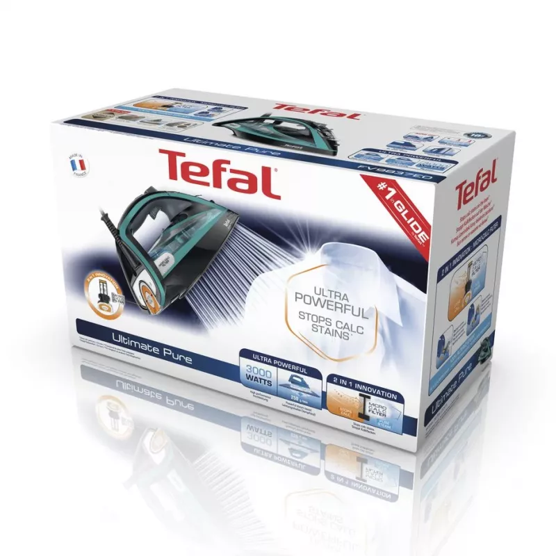 Tefal Ultimate Pure FV9844 Żelazko suche i parowe, stopa Durilium Autoclean, 3200 W, czarny, niebieski