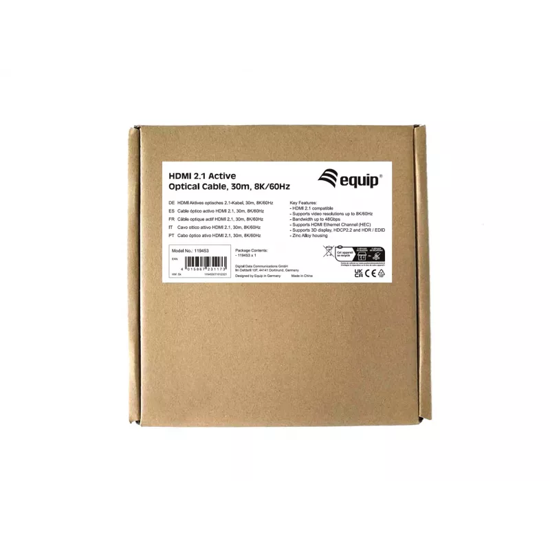 Equip HDMI 2.1 aktywny kabel optyczny, 30 m, 8K/60 Hz, 30 m, HDMI Typ A (Standard), HDMI Typ A (Standard), 3D, Kanał zwrotny audio (ARC), Czarny
