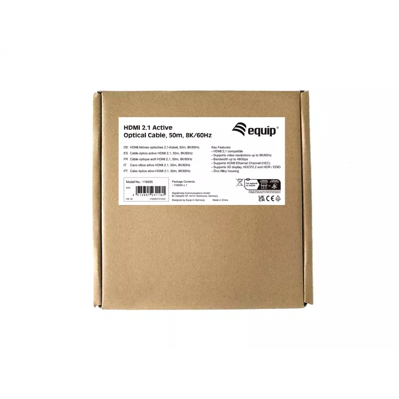 Equip HDMI 2.1 Aktywny kabel optyczny, 50m, 8K/60Hz, 50 m, HDMI Typ A (Standard), HDMI Typ A (Standard), 3D, Kanał zwrotny audio (ARC), Czarny