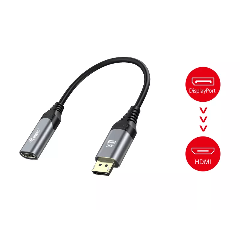 Przejściówka Equip DisplayPort 1.2 na HDMI, 4K/60Hz, 0,15 m, DisplayPort, HDMI, Męski, Żeński, Prosty